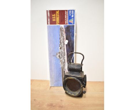 A Railway Signal Oil Lamp, height 25cm along with a Italeri No 150 1:720 scale plastic kit, USS Forrestal, part made