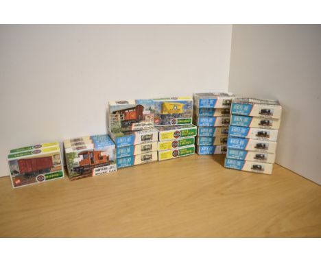 Twenty Five Airfix plastic kit 00 gauge Wagons, Meat Wagon x2, Brake Van x3, Cattle Wagon x4, Cement Wagon x4, Esso Tank Wago