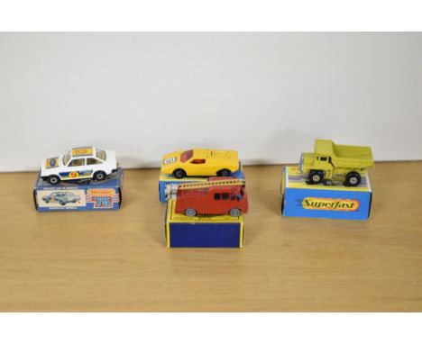 Four Matchbox Die-casts, Moko Lesney No 9 Fire Engine, Superfast No 28 Mack Dump Truck, New 9 Ford RS 2000 and New 27 Lamborg