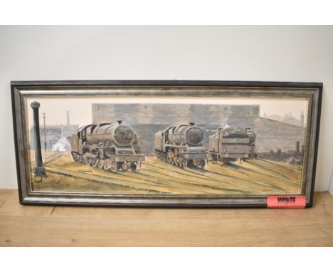 A framed oil on canvas, S R McDade, Green Ayre Railway Shed, 32cm x 77cm