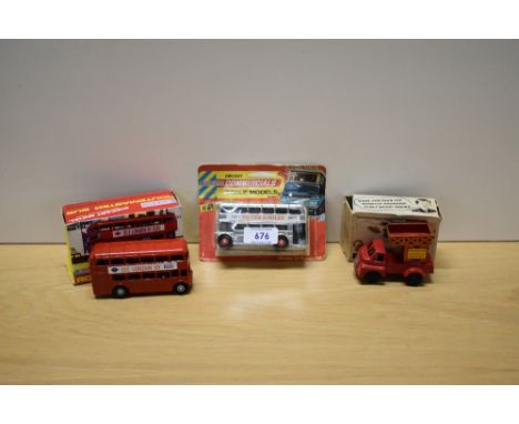 A Brimtoy Pocket Toy 9/541 tin plate and friction driven Mechanical Overhead Repair Lorry in original box along with two Lone