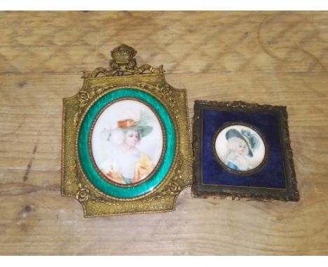Two portrait miniatures, circa 1900, ornate frames.  