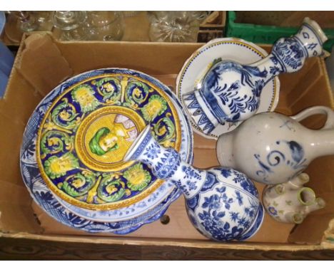 A box of mainly European pottery including Delft, Maoilica, Quimper, German etc.  