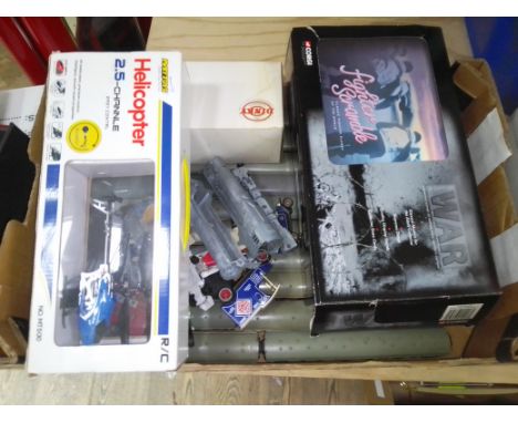 A box of assorted toys including Corgi and other die-cast models and 00 gauge model railway carriages.