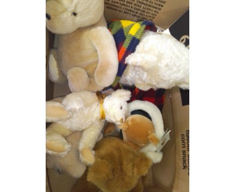 A box of soft toys comprising Steiff teddy bear 24, Steiff Millenium bear with Danbury Mint medallion, a Merrythought  pig, a