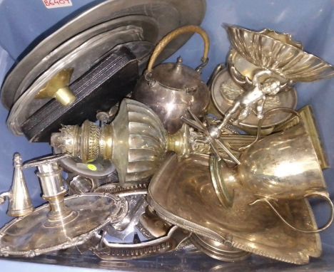 A box of assorted silver plated ware including a column oil lamp etc.  
