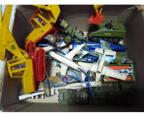 A box of assorted die-cast model vehicles, mainly army.  