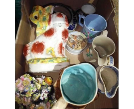 A box of assorted antique pottery including Staffordshire, Prattware pot lid etc.  