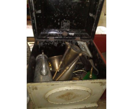 A Toll ware box and contents comprising assorted metal ware and a desk lamp.  
