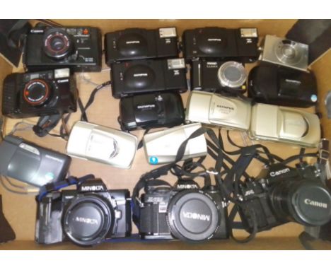 A box of assorted cameras including SLR, digital and compact, Minolta X-700, Canon A-1 etc. etc.  