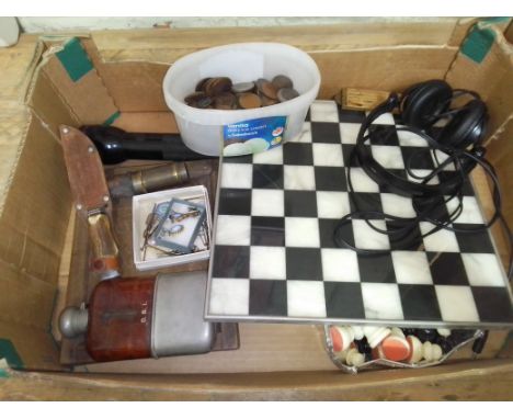 A mixed lot including a chess set, a Mag-Lite, a knife, a hip flask, a telescope, etc. etc.  