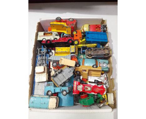 A box of assorted die-cast model vehicles including Lesney, Dinky, Corgi etc.  