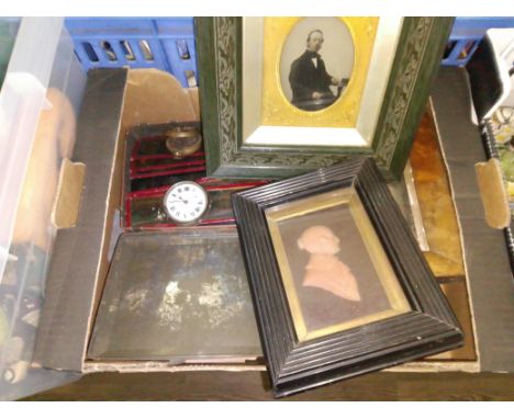 A mixed lot including a wax side profile portrait, a framed photograph, pocket watch, compass etc.  
