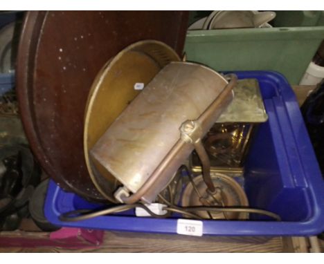 A box of assorted items including a clock (AF), a desk lamp, two trays.  
