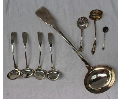A William IV silver fiddle pattern ladle, London, 1836, Samuel Hayne & Dudley Cater together with a set of four small ladles,