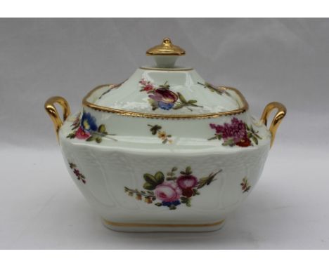 A 19th century Swansea porcelain twin handled sucrier and cover with a gilt pointed finial the body moulded with a basket wea