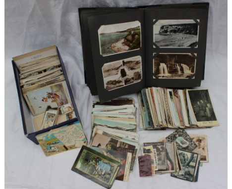 A postcard album and a box of loose postcards and cigarette cards, circa 400 including midget message cards, Welsh views, Bal