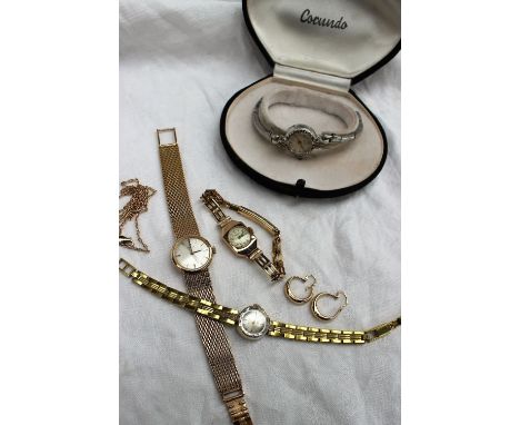 A Lady's 9ct yellow gold Omega wristwatch, with a silvered circular dial and batons, on a 9ct yellow gold strap together with