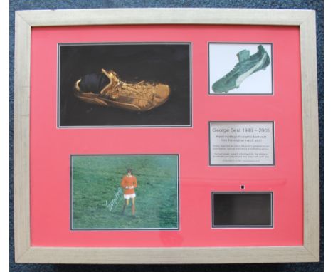 George Best 1946 - 2005 - a ceramic gilt decorated boot cast from an original and a signed photograph, a framed montage
