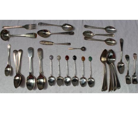 A set of six Chinese white metal and hardstone set tea spoons, together with assorted silver tea spoons, ladle etc, approxima