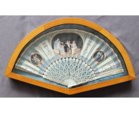 A 19th century fan, with three panels painted with cherubs and angels, the other panels painted with architectural pergolas, 