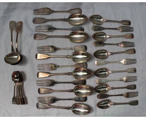 A Victorian silver fiddle pattern part flatware service, comprising six table spoons, six table forks, six dessert spoons, fi