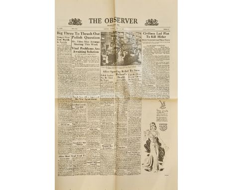 Vintage The Observe Newspaper London, Sunday, May 13, 1945…Civilians Led Plot To Kill Hitler. Good condition Est.