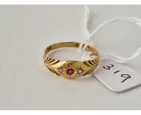 A Victorian three stone ruby and diamond gypsy set ring 15ct gold Birmingham 1899 size O 1.8 gms