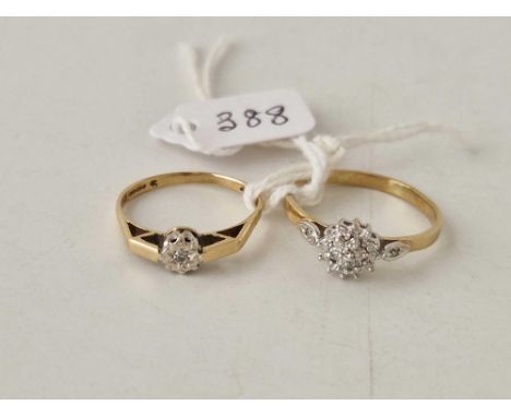 Two 9ct dress rings cluster size U solitaire ring size O 4 gms
