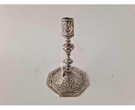 A cast good Victorian candlestick of renaissance design, with octagonal base, 6.5" high, London 1855 by George Fox, 244g