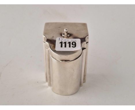 An Edwardian tea caddy in the form of a Georgian shaped front knife box, 3.5" high, London 1902 by Bonnard Bros. (swing handl