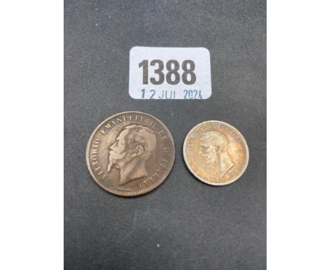 Italian Silver 5 lire 1927 and 1866 bronze 10 centesimos