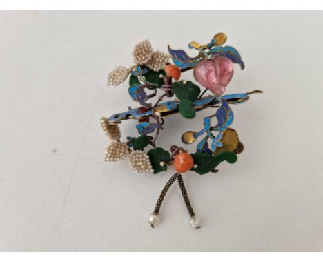 A antique Chinese kingfisher feather seed pearl coral jade and gem set hair ornament  