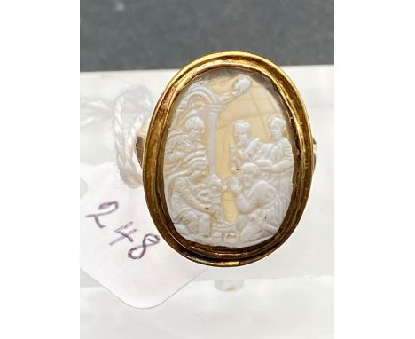 A Georgian carved cameo multi scene Jesus and the three kings ring high carat size O 4.5 gms