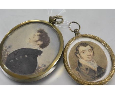 English School, c. 1820, a portrait miniature of a gentleman in a blue coat, oval, watercolour on card, in a conforming brass