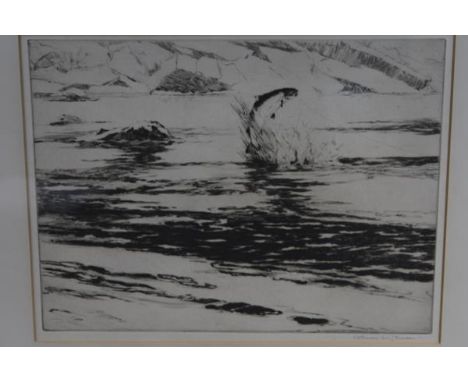 Norman Wilkinson, (1878-1971), Leaping Salmon, etching, signed in pencil, framed. 22.5cm by 30cm