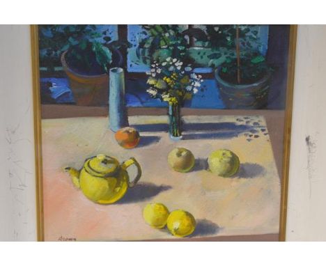 Davy Brown (Scottish, b. 1950), The Yellow Teapot, signed lower left, oil on board, framed. 38cm square