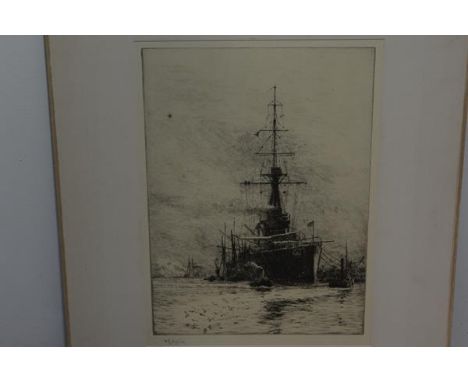 William Lionel Wyllie R.A. (1851-1931), HMS Orion, etching, signed in pencil, mounted, unframed. Plate 28cm by 20cm