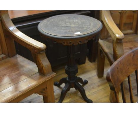 A Victorian tripod table with chequerboard top (heavily smoke damaged), circular, above a fret-carved apron (losses), on a Go