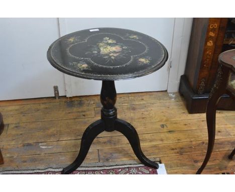 A Victorian painted and inlaid papier mache tilt-top tripod table, the circular top painted with floral sprays and highlighte