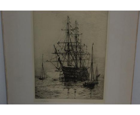 William Lionel Wyllie R.A. (1851-1931), HMS Victory, etching, signed in pencil, mounted, unframed. Plate 28cm by 20cm