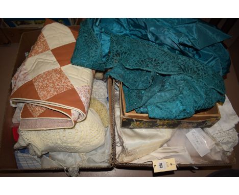 A collection of miscellaneous household table linen; and miscellaneous soft goods, in two boxes.