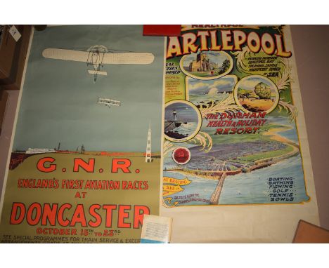 A reproduction poster advertising 'GNR - England's First Aviation Races At Doncaster,1809'; and an early 20th Century coloure