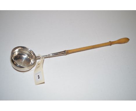 A George III silver toddy ladle, the plain bowl with worn hallmarks c.1796 (possibly Edinburgh), with turned wooden handle.