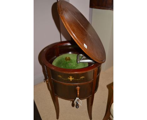 A 'Tyrela' wind-up gramophone in inlaid mahogany case with painted simulated inlaid decoration (damaged back leg).