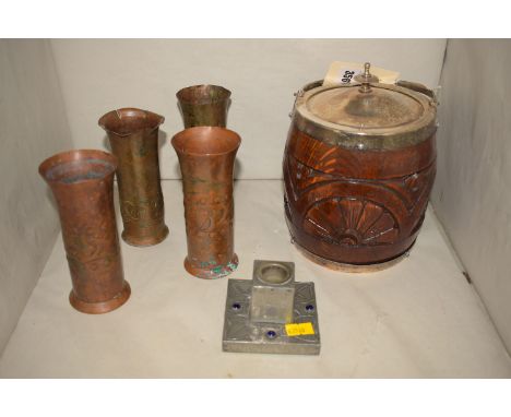 A pair of Arts & Crafts copper vases, stamped H. Mawson to the base; a similar pair stamped Keswick School of Industrial Arts