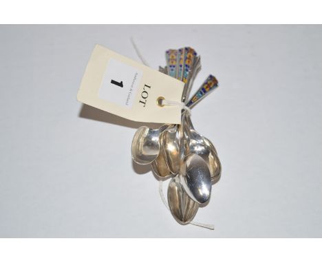 Five silver and polychrome enamel teaspoons, by Levi & Salaman; together with five silver teaspoons, by T.W. (S) Ltd.