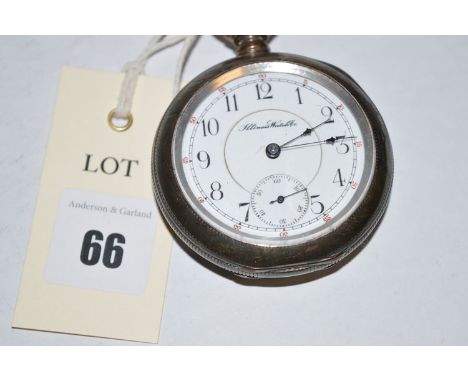 A silver cased open faced pocket watch, by the Illinois Watch Company, Springfield, USA, No. 1357727, the white enamel arabic