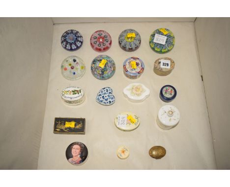 A collection of six glass millefiori and other paperweights, various; together with a collection of ceramic, enamel and metal