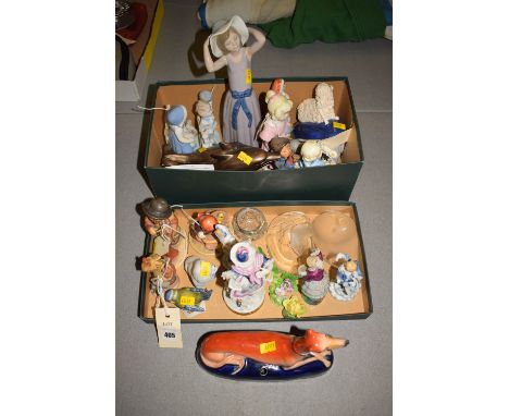 Three Hummel ornaments; a Staffordshire ornament modelled as a recumbent greyhound; miscellaneous ceramics; glass; and other 